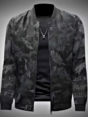 Men's Black Feather-Print Bomber Jacket
